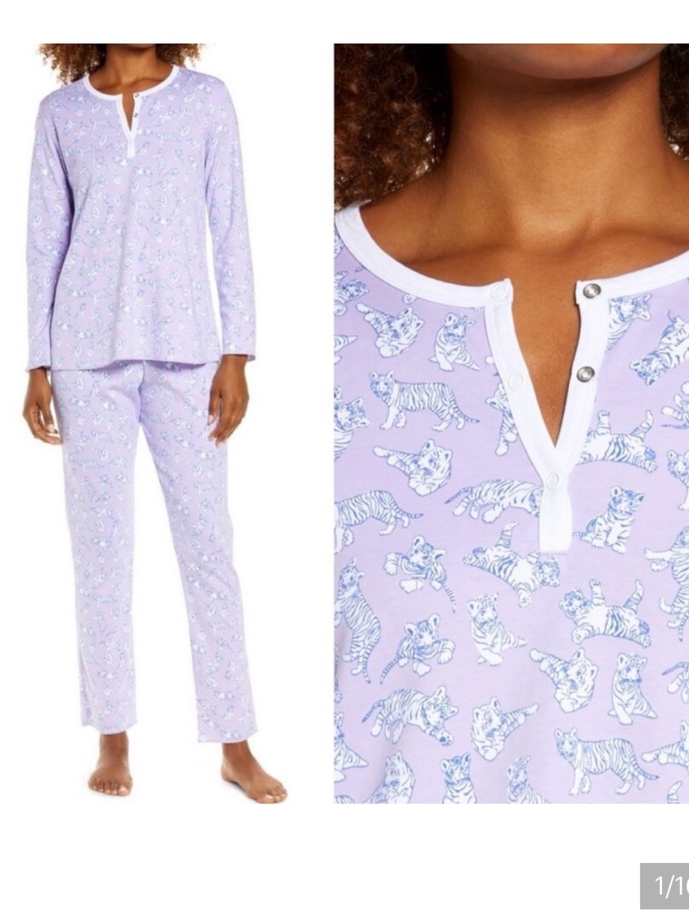 Roller Rabbit Hathi Tiger Pajama Set Lavender Purple Cotton Henley Set Womens, M